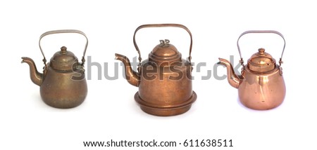 Collage of copper kettles on a white background
