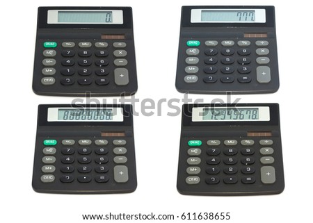 Collage of calculators isolated on white background.