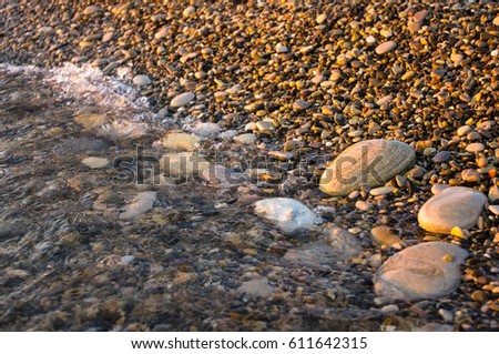 sea pebble beach with multicoloured stones, transparent waves with foam, on a warm evening
