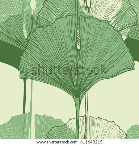 Tropical ginkgo biloba leaves. Hand Drawn Seamless Vector Pattern.