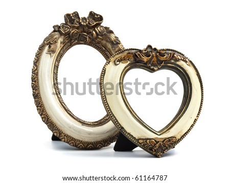Two baroque style desktop picture frames. Oval shape and heart shaped. Paths included to place your own images inside the frames.