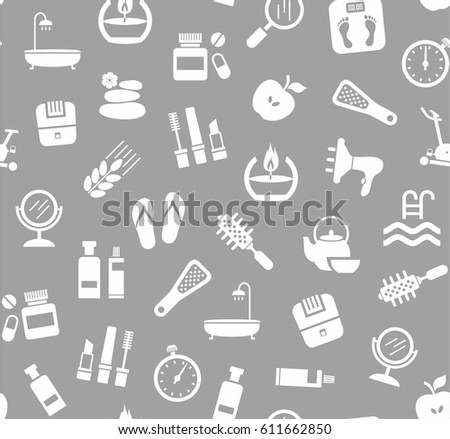 Beauty and health, background, seamless, gray, vector. Care for body and face. White icons on gray background. Flat, vector clip art. Seamless vector background. 