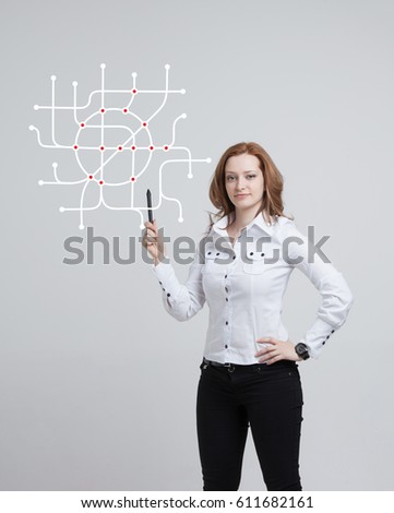Woman specialist and urban planner working with the interactive subway map. Royalty-Free Stock Photo #611682161