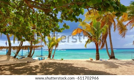 A relaxation view of beach and ocean from Catalina Island in Dominican Republic. Royalty-Free Stock Photo #611702966