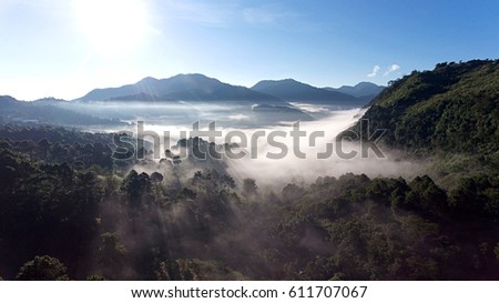 High angle ,Sun rise with mountain and the fog.,Picture from Phantom 4 
