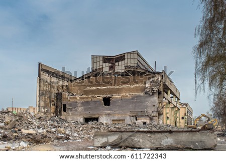 Ruins old factory on blue sky background