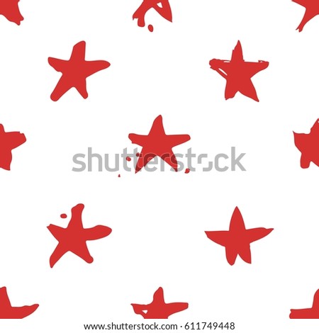 Hand drawn paint seamless pattern. Red and white stars brush drawing. Grunge Vector art illustration. Independence Day USA background