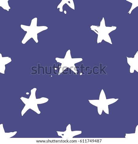 Hand drawn paint seamless pattern. Blue and white stars brush drawing. Grunge Vector art illustration. Independence Day USA background