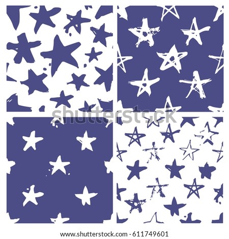 Set of hand drawn paint seamless pattern. Blue and white stars brush drawing. Grunge Vector art illustration. Independence Day USA background