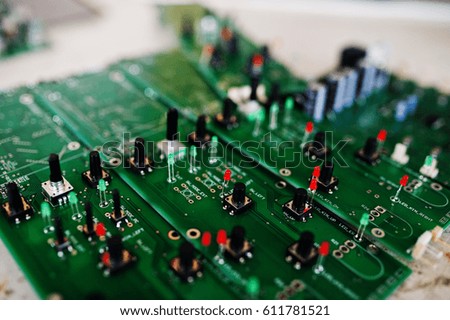 Circuit board of electronic computer hardware technology. Motherboard digital chip. 