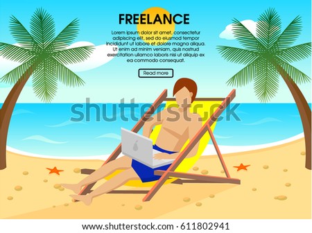 Flat freelance concept with man sitting in chaise longue and working on laptop on beach vector illustration