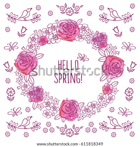 Hello spring. Wreath of decorative flowers. Greeting card. Hand drawn elements. Vector