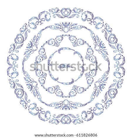 Vector set of round tribal frames, doodle style. Illustration of ethnic feathers, dreamcatchers. Boho style art, perfect for prints, posters.  Detailed ornate art in blue watercolor style