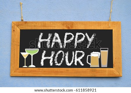 Happy Hour Blackboard Sign hanging on wall