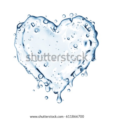 Heart from water splash with bubbles isolated on white background