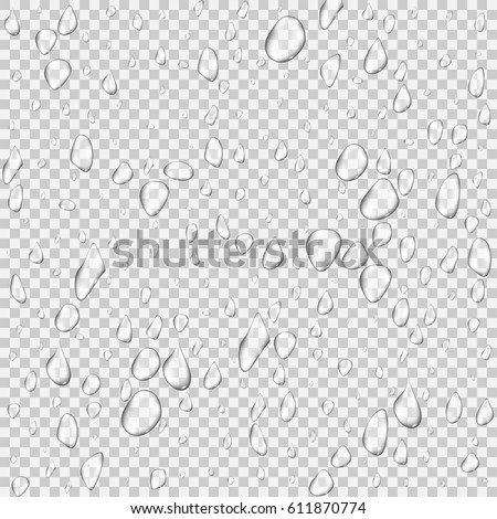 Different realistic transparent water drops. Glass bubble drop condensation surface on isolated background. Vector clean drop splash Royalty-Free Stock Photo #611870774