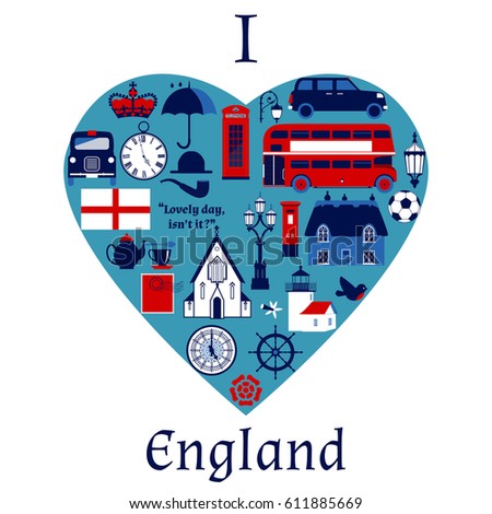 I love England. Symbols of country - Double Decker, taxi, church, thatched cottage, soccer ball, pipe, hat, umbrella, street lamps, flag, lighthouse, beg ben face clock, rose, teapot, stamp. 