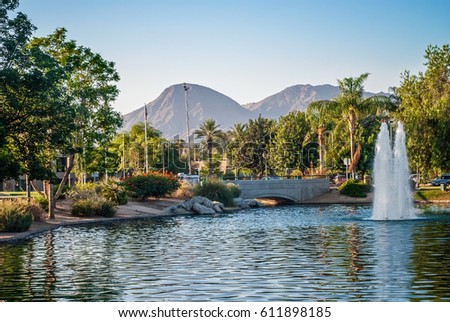 A scenic municipal park in sunny Palm Springs California. Royalty-Free Stock Photo #611898185