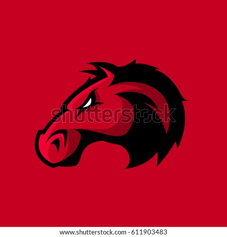 Furious horse head sport club vector logo concept isolated on red background. Modern professional team badge design. Premium quality wild stallion animal t-shirt tee print illustration.