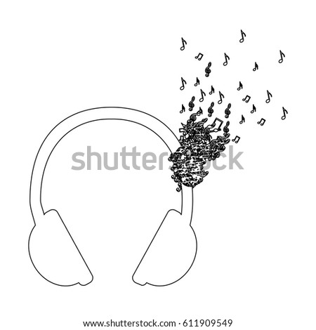 monochrome contour of headphones with music notes fading vector illustration