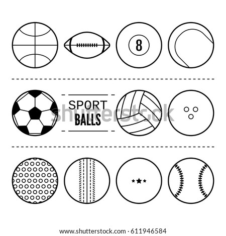 Sports balls for football, basketball, tennis. Linear black and white icons of equipment. Vector