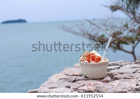 Coconut ice cream in a coconut shell container