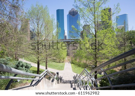 Landscape of Downtown Houston city, in Buffalo Bayou park, Texas with modern building.