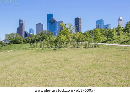 Landscape of Downtown Houston city, in Buffalo Bayou park, Texas with modern building.