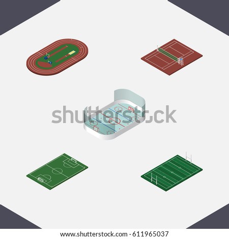 Isometric Competition Set Of Soccer, Run Stadium, Volleyball And Other Vector Objects. Also Includes Run, Volleyball, Soccer Elements.
