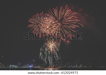 Colorful Of Fireworks On Dark Night Background.