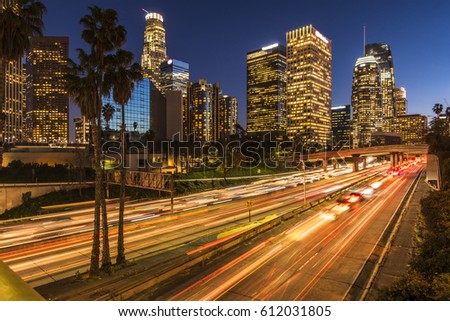Traffic in downtown Los Angeles California at night