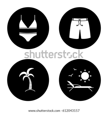 Summer icons set. Women's swimsuit, swimming trunks, palm tree, beach chair with birds and sun. Vector white silhouettes illustrations in black circles