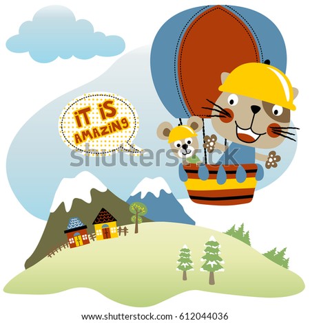 Funny cat and mice vacation with hot air balloon on mountain scenery background, vector cartoon illustration