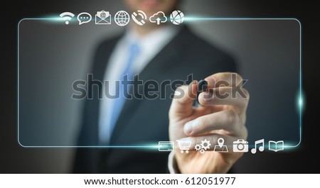Businessman using tactile interface web address bar to surf on internet 3D rendering