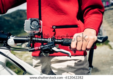 Action Camera Mounted On Mountain Bike Royalty-Free Stock Photo #612062282