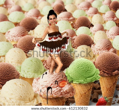 The beautiful girl is standing on the huge ice cream cone. There are a lot of big ice cream cones around her.