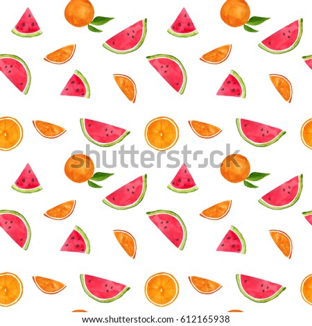 Watercolor hand drawn watermelon and orange background