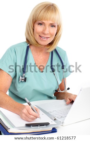 Smiling medical doctor woman with laptop. Isolated over white background