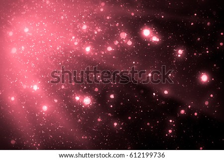 Red abstract sparkles or glitter lights. Festive  background. Defocused circles bokeh or particles. Template for design