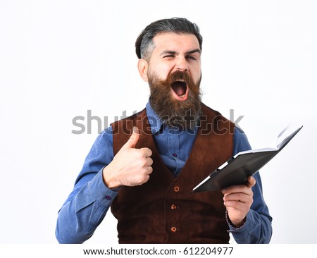 bearded man, long beard, brutal caucasian hipster with moustache holding notepad with happy face isolated on white background