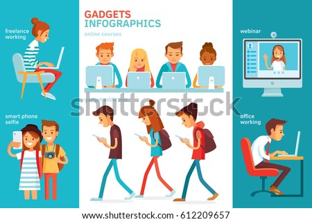 Infographics with people, gadgets, working