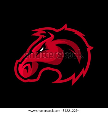 Furious horse head sport club vector logo concept isolated on dark background. Modern professional team badge design. Premium quality wild stallion animal t-shirt tee print illustration.