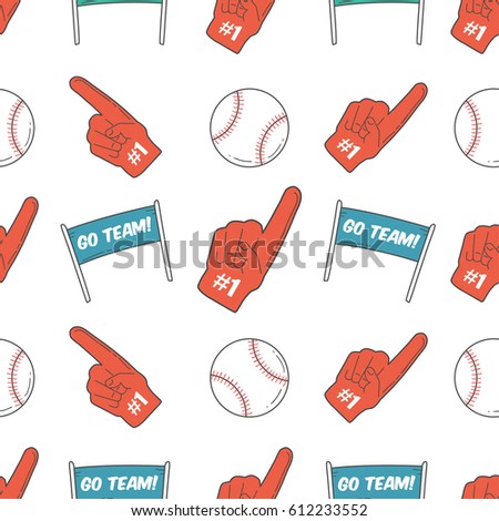 Baseball Seamless Pattern. Foam Hand, Flags, and Ball Pattern