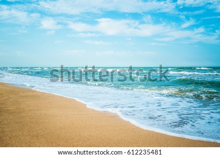 Sea view from tropical beach with sunny sky. Ocean beach relax, outdoor travel Royalty-Free Stock Photo #612235481