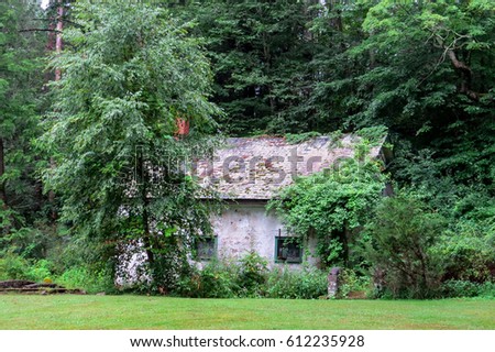 Abandoned mortar shack hidden by green trees and lawn, roadside.