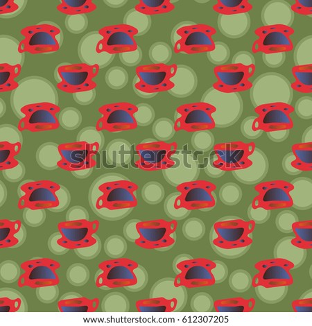 Cup of coffee or tea with dots on background seamless pattern.