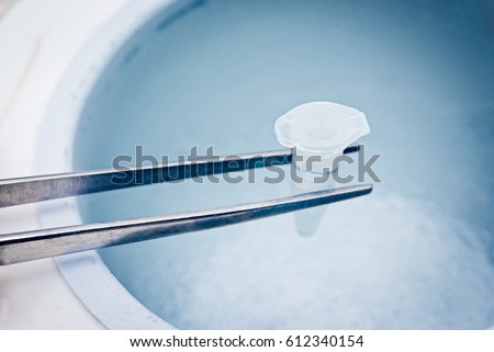  Test tube with sperm or eggs samples, cryopreservation in the liquid nitrogen  Royalty-Free Stock Photo #612340154