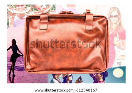 Travel luggage on tropical collage background of people holidays night and day fun activities - Vintage brown suitcase with copy space on photo collection of friends vacations happy beach moments