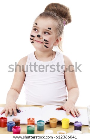 Children painted face. Happy beautiful little girl with painted face, isolated on white background