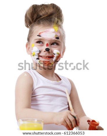 Children painted face. Happy beautiful little girl with painted face, isolated on white background